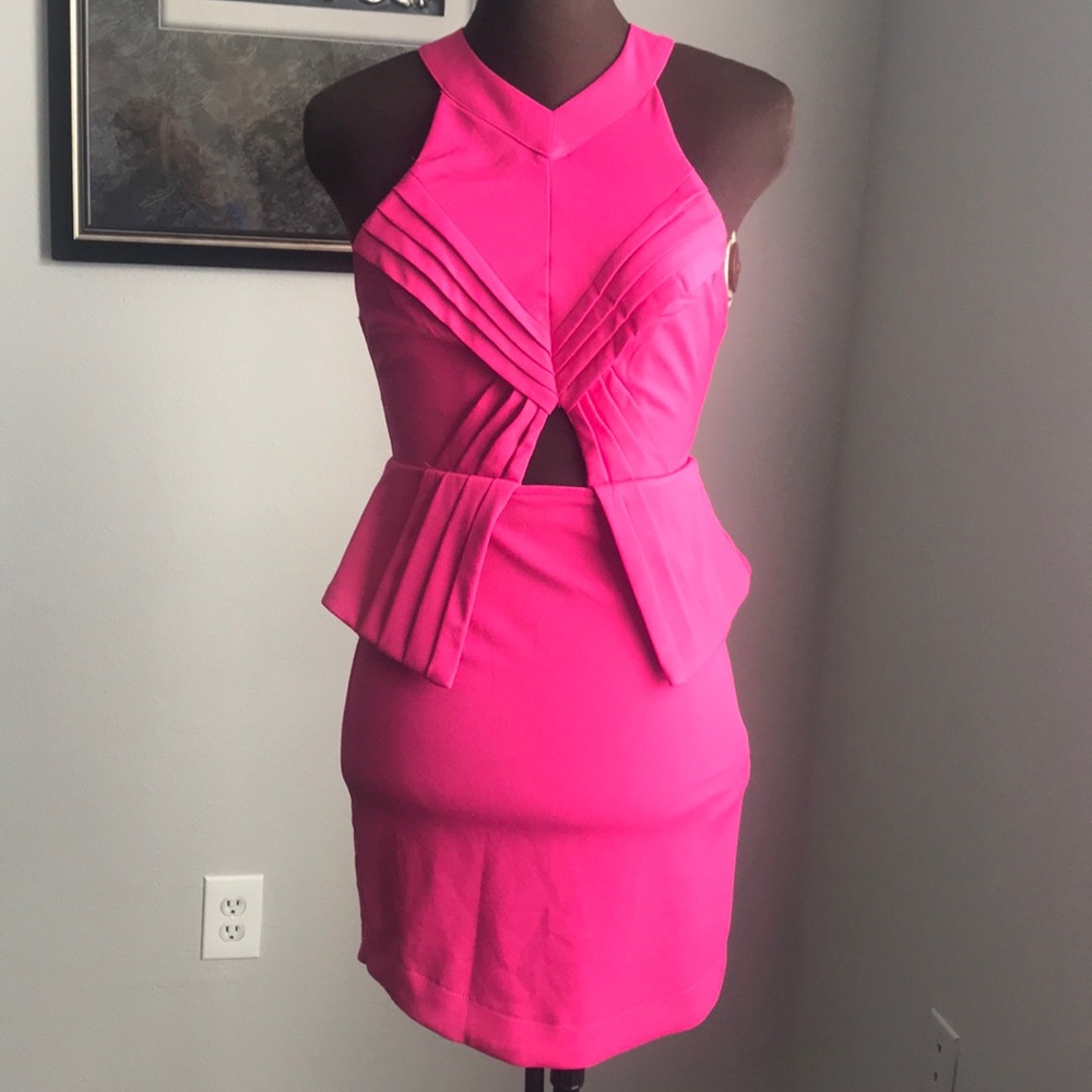 Pink goddess neck with open back peplum mini dress